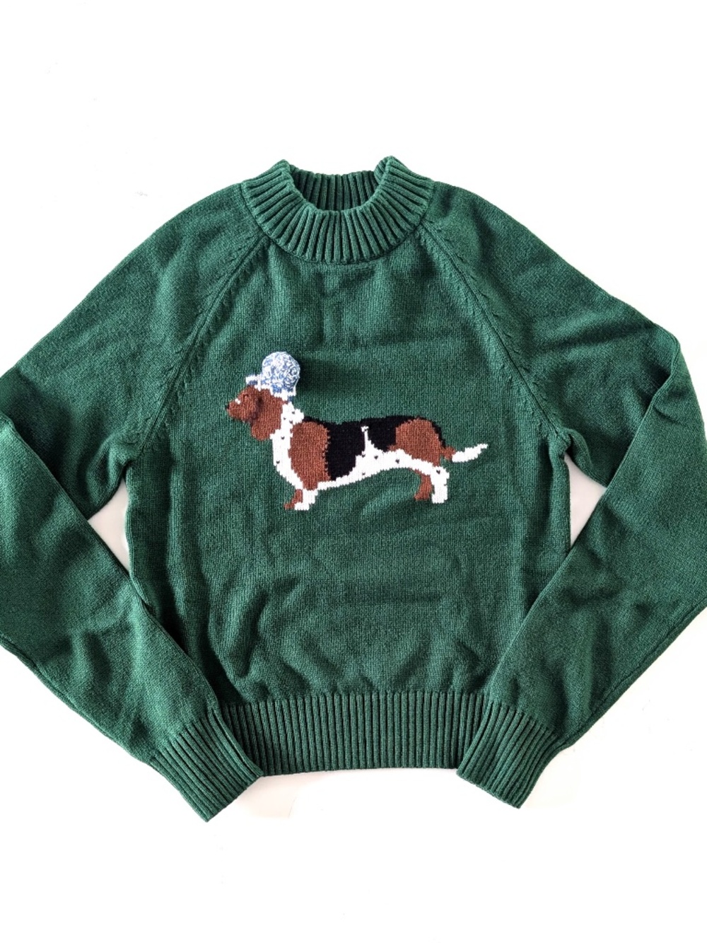 Rachel Antonoff Otis Sweater Evergreen XS Basset Hound Hat Knit Pullover NWT